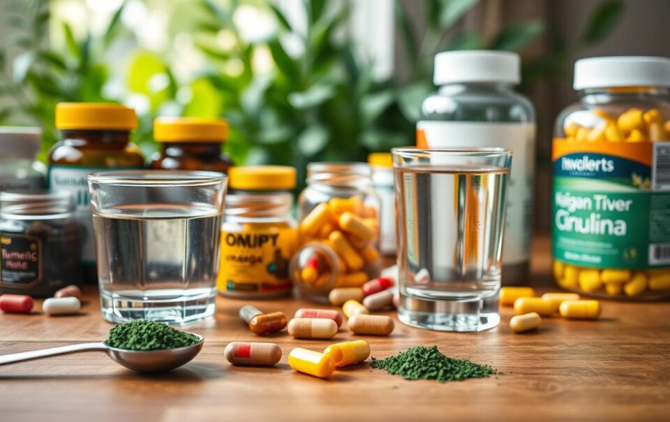 A stylish and modern flat lay arrangement of various dietary supplements, including colorful capsules, powdered supplements in jars, and vitamin bottles, neatly displayed on a wooden tabletop. In the foreground, a measuring spoon with a scoop of green spirulina powder beside a glass of water. In the middle, a few open capsules spilling out ingredients, such as turmeric and omega-3. The background features soft-focus greenery, symbolizing health and wellness, with warm, natural lighting that creates an inviting atmosphere. The camera is positioned at a shallow angle to emphasize the textures and colors of the supplements, conveying a sense of organization and clarity about nutritional health.