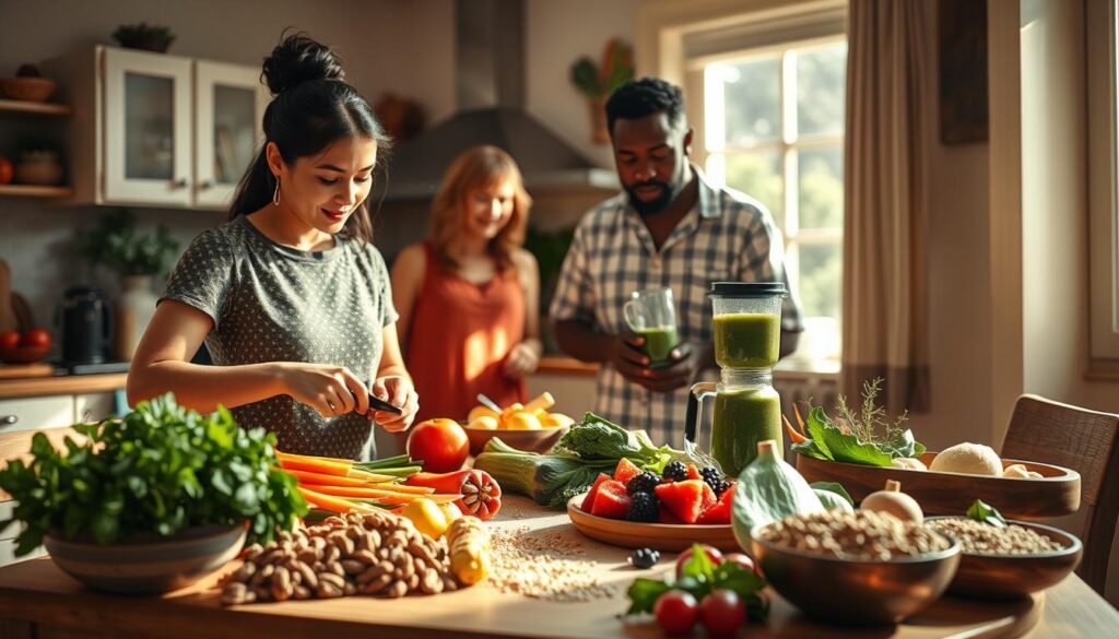 A thoughtful composition representing behavioral nutrition, featuring a diverse group of individuals in a cozy kitchen setting, engaged in meal preparation. In the foreground, a woman of Asian descent is chopping colorful vegetables, while a Black man assists by blending a green smoothie. The middle ground showcases a table filled with brain-boosting foods like nuts, berries, leafy greens, and whole grains, arranged artistically. In the background, a sunlit window casts warm light, enhancing the inviting atmosphere. Soft shadows create depth, and the scene is captured from a slightly elevated angle for a comprehensive view. The overall mood is vibrant and engaging, emphasizing the importance of healthy eating habits in promoting cognitive health.