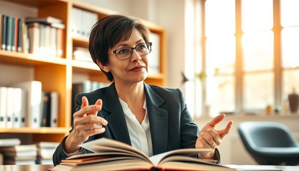 A thoughtful portrait of Dr. Jô Furlan, a professional in behavioral intelligence, seated in a modern office setting. In the foreground, Dr. Furlan, a middle-aged woman with short, dark hair and glasses, is wearing a smart business suit, exuding confidence and intellect. The middle layer captures her engaging expression as she gestures towards an open book on her desk, symbolizing knowledge and theory. The background is softly blurred, featuring shelves filled with academic books and a window revealing a bright, sunny day, enhancing a mood of inspiration and clarity. The lighting is warm and inviting, with natural light streaming in from the window, creating a professional yet welcoming atmosphere.