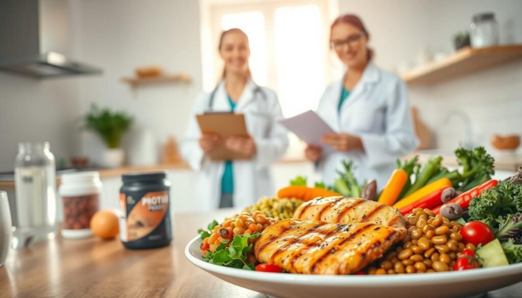 A vibrant and informative scene focusing on the role of protein in weight loss. In the foreground, a balanced plate featuring a variety of protein-rich foods: grilled chicken breast, lentils, and a colorful array of vegetables, elegantly arranged. In the middle, a professional nutritionist in a white lab coat, holding a clipboard, with a warm and encouraging expression, standing beside the plate. The background shows a bright, modern kitchen with natural light streaming in, emphasizing a healthy lifestyle. Soft focus on supplements like protein powder and a glass of water on the counter. The atmosphere feels motivational and inspiring, with warm colors that invite a sense of positivity and well-being.