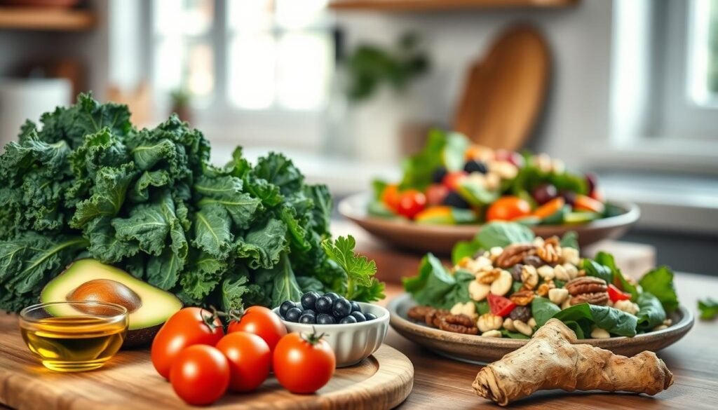 A vibrant arrangement of anti-inflammatory foods, prominently featuring rich green leafy vegetables like kale and spinach, plump berries, and golden turmeric root. In the foreground, display a wooden cutting board with sliced avocados and bright red tomatoes next to a small bowl of olive oil. In the middle ground, a fresh salad with assorted vegetables and nuts is artfully arranged on a rustic plate. The background reveals a softly blurred kitchen setting, with natural light filtering through a window, casting gentle shadows. Capture a warm and inviting atmosphere, emphasizing health and vitality. Use a shallow depth of field to draw focus on the colorful foods, enhancing the appeal of a nutritious lifestyle.