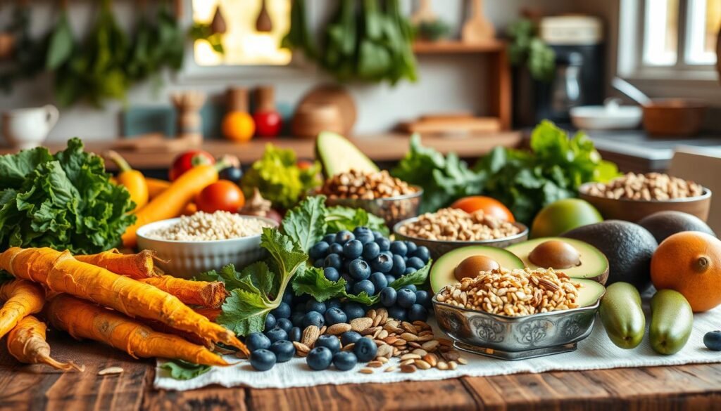 A vibrant assortment of anti-inflammatory foods spread across a rustic wooden table. In the foreground, a variety of colorful fruits and vegetables: bright turmeric root, deep green kale, luscious blueberries, and ripe avocados. In the middle ground, bowls filled with quinoa, nuts, and seeds, contrasting against a light fabric tablecloth. In the background, a softly blurred kitchen scene with herbs hanging and warm sunlight filtering through a window, creating a welcoming atmosphere. The lighting is warm and natural, capturing the essence of health and nourishment. The image conveys a sense of wellness and vitality, representing the concept of anti-inflammatory nutrition.
