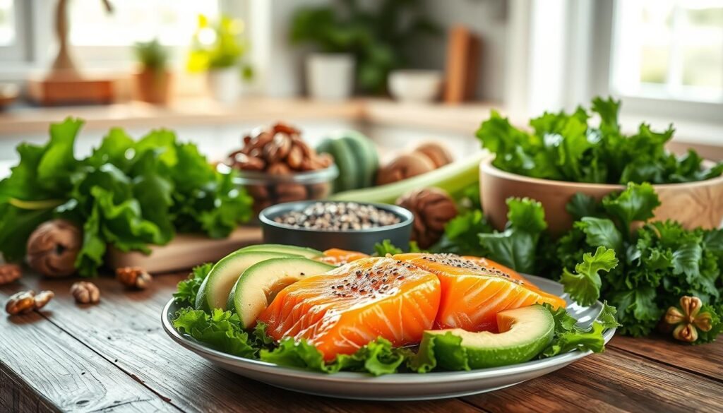 A visually appealing arrangement of omega-3 rich foods, prominently featuring fresh salmon fillets, vibrant green leafy vegetables, and a bowl of walnuts. In the foreground, the salmon is plated beautifully with slices of avocado, showcasing vibrant colors. The middle layer includes a rustic wooden table adorned with small bowls of chia seeds and flaxseeds, along with a drizzle of olive oil creating a sense of richness. The background features a soft-focus, bright kitchen setting with natural lighting filtering through a window, adding warmth to the scene. The atmosphere is healthy and inviting, conveying the nutritional benefits of omega-3 fatty acids in a serene environment.