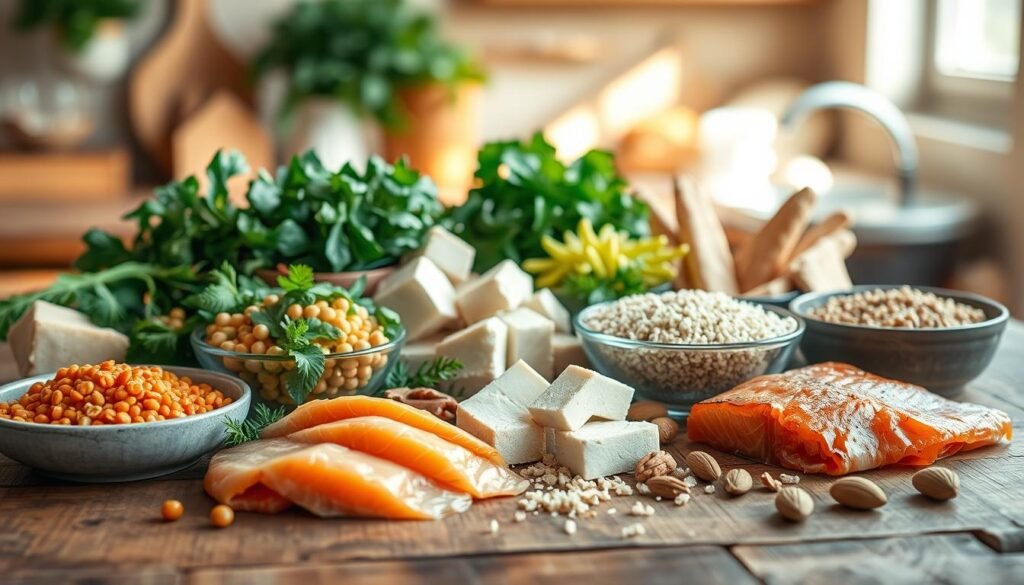 A visually appealing composition showcasing a variety of protein sources, arranged artfully on a rustic wooden table. In the foreground, display bright and fresh lean meats such as chicken breast and salmon fillets, alongside vibrant plant-based options like lentils, chickpeas, and quinoa in bowls. The middle ground features neatly sliced tofu and nuts, like almonds and walnuts, scattered elegantly. The background includes softly blurred leafy greens, complemented by a warm, inviting kitchen ambiance with natural light streaming in. Use a shallow depth of field to emphasize the protein sources, creating a sense of focus and clarity. The overall mood should be educational and inspiring, perfect for conveying the importance of diverse protein sources in a healthy diet.