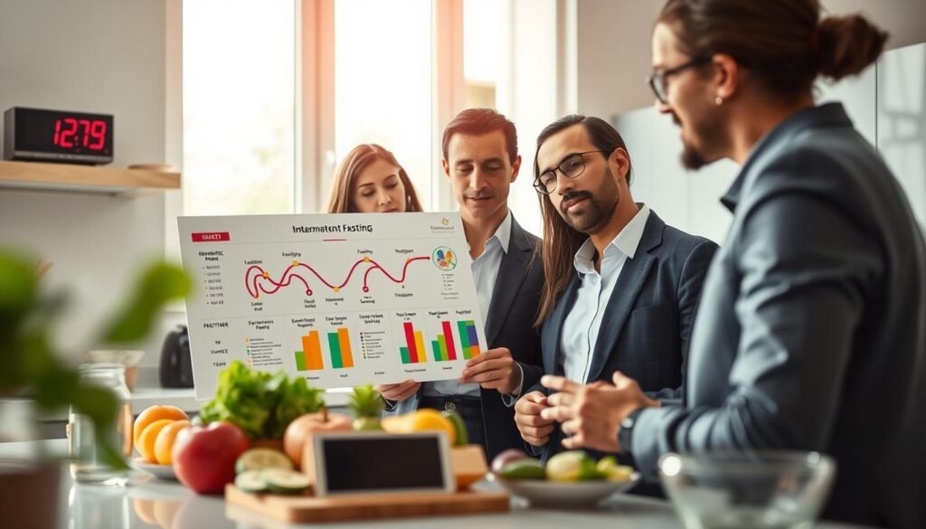 A visually compelling composition illustrating the concept of intermittent fasting and metabolism. In the foreground, a diverse group of three professionals in business attire, engaged in a thoughtful discussion while examining a colorful chart displaying metabolic processes and the effects of fasting. In the middle ground, a modern kitchen setting with healthy food options like fruits and vegetables, symbolizing nutrition; a digital clock showing a fasting schedule. The background features a large window with soft, natural daylight streaming in, creating an inviting and enlightening atmosphere. Use a shallow depth of field to focus on the group and the chart, while the kitchen and window fade slightly for an airy feel. The overall mood should inspire curiosity and seriousness regarding health science.