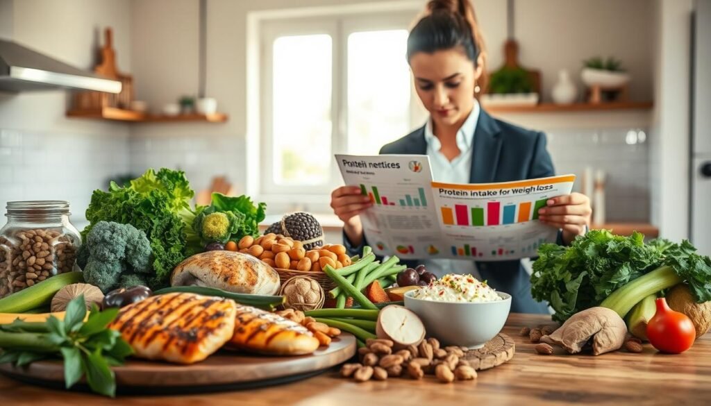 A visually engaging composition depicting the concept of protein consumption and weight loss. In the foreground, a diverse array of protein-rich foods, such as grilled chicken, legumes, nuts, and green vegetables, artfully arranged on a wooden kitchen table. In the middle ground, a well-dressed nutritionist examines a colorful infographic on the protein intake for weight loss, displaying charts and portion sizes. The background features a bright, airy kitchen with sunlight streaming through a window, casting soft shadows. The overall atmosphere is motivational and informative, encouraging healthy eating habits. Use a slightly elevated angle to capture both the protein foods and the nutritionist's focused expression. Emphasize natural lighting for a warm, inviting feel.
