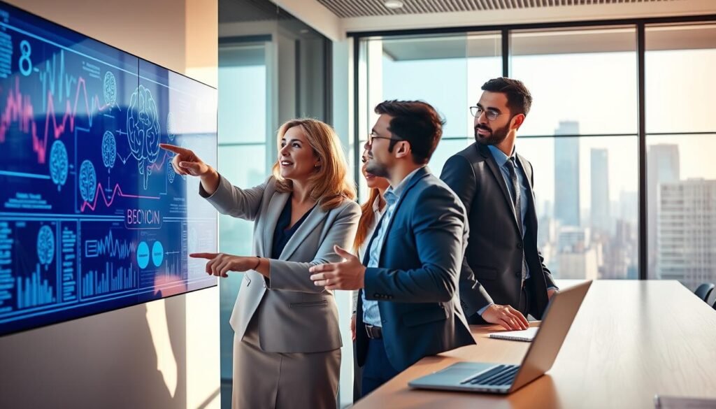 A visually engaging representation of Human Behavioral Intelligence, focusing on a group of diverse professionals collaborating in a bright, modern office setting. In the foreground, a middle-aged woman and a young man engage in animated discussion, pointing at a digital screen displaying complex graphs and brain patterns. The middle layer features a long conference table with various documents and a laptop, illustrating teamwork. In the background, a large window reveals a vibrant cityscape, adding energy to the environment. Soft, natural light filters through, creating a warm, inviting atmosphere. The professionals are dressed in smart business attire, exuding professionalism and focus, with expressions of curiosity and determination. The image captures a moment of intellectual synergy, symbolizing the essence of Human Behavioral Intelligence.