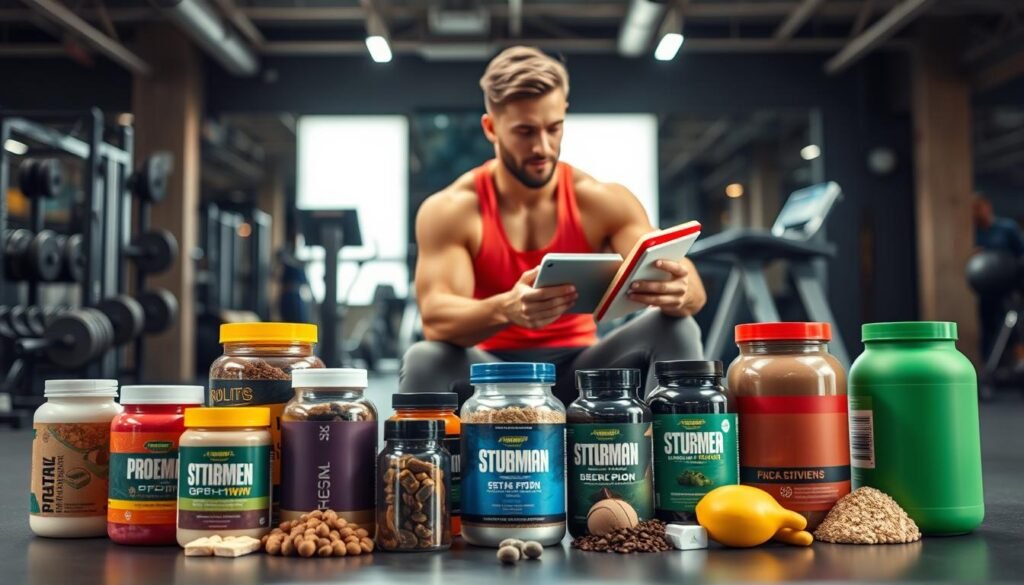 A well-organized gym setting showcasing various dietary supplements tailored for athletes. In the foreground, a neatly arranged selection of colorful supplement jars and protein powders, with a sleek shaker bottle. The middle ground features a fit athlete, wearing professional activewear, thoughtfully examining a supplement label while seated on a stability ball. The background displays gym equipment, such as weights and a treadmill, softly blurred to emphasize the focus on the athlete and supplements. The lighting is bright and uplifting, enhancing the energetic atmosphere. Use a slightly overhead angle to capture the scene, creating a dynamic view that highlights the importance of supplementation in athletic performance.