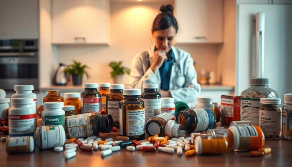 A well-organized, informative scene depicting the risks of self-medication with supplements. In the foreground, a modern kitchen table is cluttered with various dietary supplements—bottles of pills and powders, some spilled—but with warning labels clearly visible, emphasizing caution. In the middle ground, a concerned person in professional attire is inspecting the labels, appearing thoughtful and wary, reflecting apprehension about health choices. The background features a softly lit, inviting kitchen space, with a few green plants to symbolize health but contrasting with the chaotic table. The warm, diffused lighting enhances the serious mood, encouraging reflection on the article's theme. The image captures the tension between convenience and caution in supplement use.