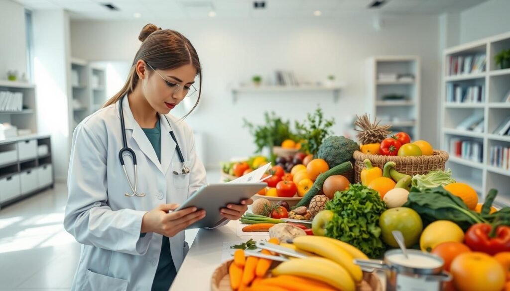 A well-organized nutrition assessment scene in a modern clinical setting. In the foreground, a professional nutritionist, dressed in a crisp white coat, is intently observing and analyzing nutritional charts and dietary plans on a tablet. In the middle, neatly arranged fruits, vegetables, and measuring tools display a variety of healthy food options, emphasizing diverse nutrition. In the background, a bright, airy clinic with soft lighting and medical literature on shelves creates an inviting atmosphere. The color palette should feature calming greens and blues, enhancing a sense of wellness and professionalism. The angle should be slightly from above, giving a comprehensive view of the assessment process, while natural light pours in through a window, adding warmth to the environment. The overall mood is focused and informative, capturing the essence of comprehensive nutritional evaluation.