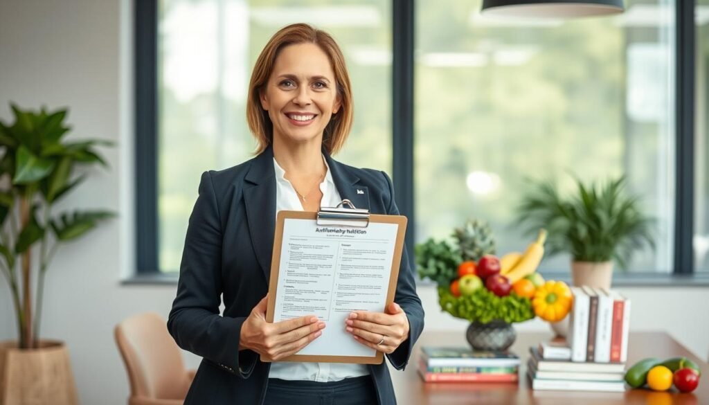 Dr. Jo Furlan, a knowledgeable and approachable female nutritionist, stands confidently in a modern office environment. She is dressed in professional business attire, exuding professionalism and warmth. In the foreground, she is holding a clipboard filled with dietary plans and insights. The middle section features an arrangement of vibrant, fresh fruits and vegetables symbolizing anti-inflammatory nutrition, as well as nutrition-related books elegantly placed on a desk. The background showcases a large window letting in soft, natural light, enhancing the inviting atmosphere. A subtle, calming color palette of greens and soft blues reinforces a sense of health and wellness, reflecting the themes of behavioral nutrition and its impact on weight loss. The overall mood is inspiring and motivating, perfect for engaging readers interested in their health journey.