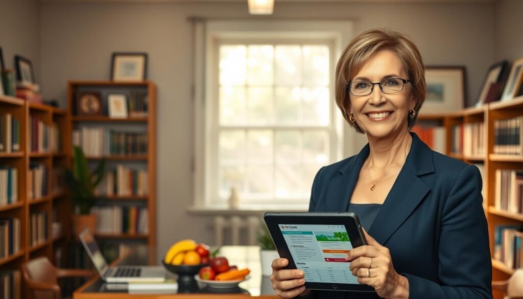 Dr. Jo Furlan is a distinguished professional in the field of behavioral nutrition, depicted in a well-lit office setting filled with books on nutrition and health. In the foreground, Dr. Furlan, a middle-aged individual with short, neatly styled hair and wearing a tailored navy blazer, stands confidently, holding a tablet with nutritional data displayed. Soft natural light streams in through a large window behind, creating an inviting atmosphere for clients. In the middle ground, a stylish desk adorned with fresh fruits and a potted plant emphasizes the theme of healthy living. The background is softly blurred, showcasing shelves filled with health journals and framed degrees, suggesting expertise in nutrition for longevity. The overall mood is professional, warm, and inspiring, encouraging a focus on health and well-being.