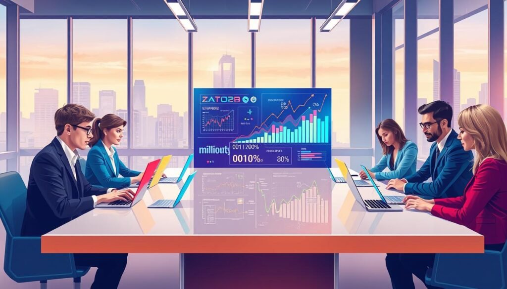 A dynamic and visually engaging illustration depicting the theme of machine learning personalization. In the foreground, a diverse group of professionals, dressed in smart business attire, collaborate around a sleek, modern table filled with laptops and data visualizations. In the middle, vibrant graphs, charts, and algorithms are projected on a transparent screen, symbolizing data-driven insights. The background features a futuristic office space with large windows, allowing natural light to flood in, and a city skyline visible beyond. The mood is focused and innovative, with a sense of collaboration and forward-thinking. Use soft, ambient lighting to create a warm atmosphere, enhancing the professionalism and excitement of the machine learning discussion. Ensure a high-quality, realistic rendering that captures the essence of maximizing customer value through technology.