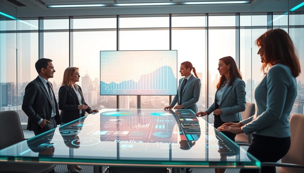 A futuristic office space sparking with digital energy, capturing the essence of "Campaign Optimization with AI." In the foreground, a diverse group of four professionals in smart business attire engage around a sleek, transparent table filled with holographic charts and graphs. In the middle ground, a large screen displays vibrant, real-time analytics, showcasing an upward trend in campaign performance. The background reveals a large window overlooking a city skyline, bathed in soft, natural light to create an optimistic atmosphere. Subtle blue and green lighting accentuates the technology theme, and the overall mood is one of innovation and teamwork. Use a wide-angle lens to capture the dynamic interaction and depth of the workspace.