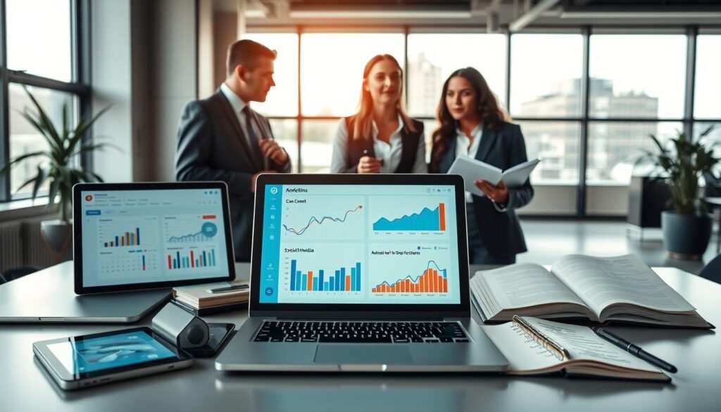 A modern office environment highlighting various AI tools for marketing. In the foreground, an elegant workspace with a sleek laptop displaying analytics dashboards and colorful graphs. Surrounding the laptop, several marketing tools such as a digital tablet with a content calendar app, a smartphone showing social media trends, and an open notebook with handwritten notes. In the middle ground, a group of three diverse professionals dressed in smart business attire, engaged in a collaborative discussion, examining the tools. The background features large windows with natural light streaming in, casting a warm glow over the scene. The atmosphere is focused and innovative, symbolizing a dynamic approach to selecting the right AI tools for effective marketing strategies.