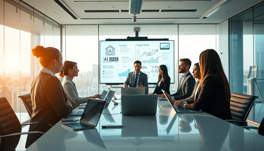 A modern office environment showcasing the practical implementation of AI in business. In the foreground, a diverse group of professionals in business attire are engaged in a collaborative discussion around a sleek conference table, with laptops and digital tablets displaying data analytics. In the middle ground, a large screen illustrates AI algorithms and business strategies, and a whiteboard lists ideas and progress metrics. The background features a bright, glass-walled office space with city views, enhancing the innovative atmosphere. Soft, natural lighting filters through the windows, creating a productive and optimistic mood. The angle is slightly elevated, capturing the dynamics of interaction and the technological elements, reflecting the theme of practical implementation and tangible results.