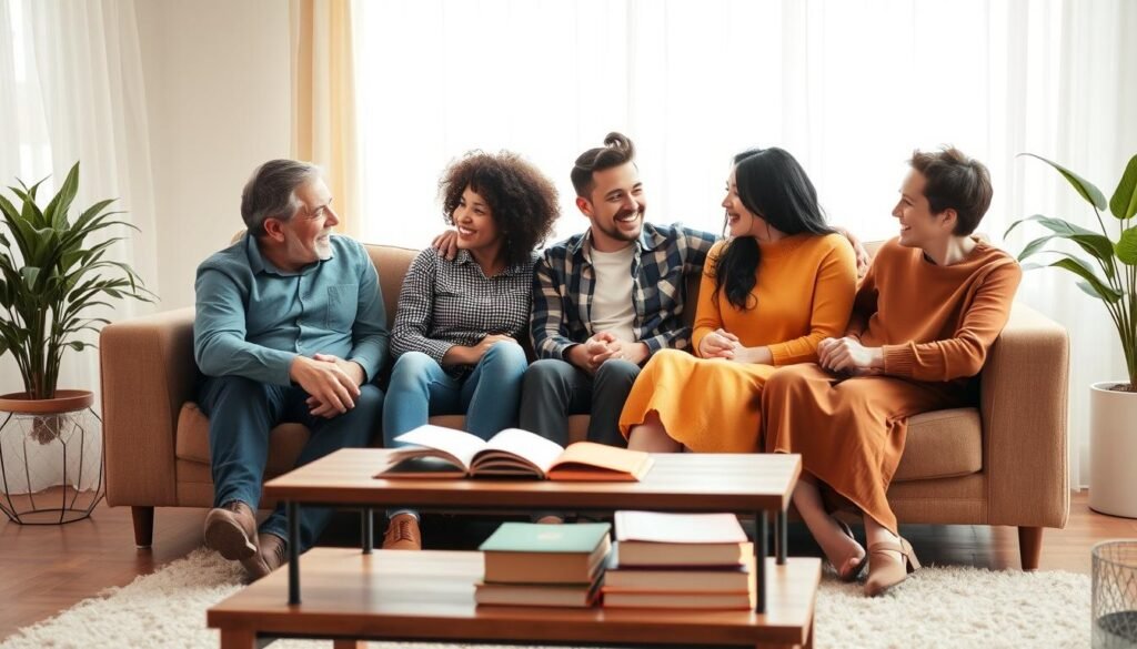 A serene and inviting family living room scene, emphasizing practical strategies for overcoming frustrations in familial relationships. In the foreground, a diverse family of four is engaged in a heartfelt conversation, seated comfortably on a cozy sofa, each person displaying open and supportive body language. The middle ground features a coffee table with visual aids like books and a notepad, symbolizing constructive dialogue. In the background, soft natural light filters through sheer curtains, creating a warm, uplifting atmosphere. A potted plant in the corner adds a touch of life. The overall mood is positive and hopeful, showcasing connection and understanding amidst challenges. Use a warm color palette, with bright lighting to enhance the feelings of support and resilience.