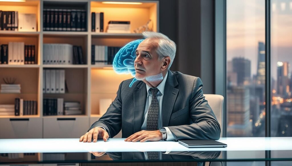 A distinguished elderly man sitting at a modern, well-lit office desk, deeply engaged in thought as he examines a futuristic holographic brain model. He is dressed in a tailored suit, showcasing professionalism and intellect. A shelf behind him is filled with books on neuroscience and cognitive health, imbuing the space with an academic atmosphere. Soft, warm lighting illuminates his face, highlighting his wise expression, while a large window offers a view of a vibrant cityscape, representing innovation and progress. The overall mood is inspiring and contemplative, reflecting the theme of "Intelligent Longevity" with a focus on wisdom and forward-thinking.