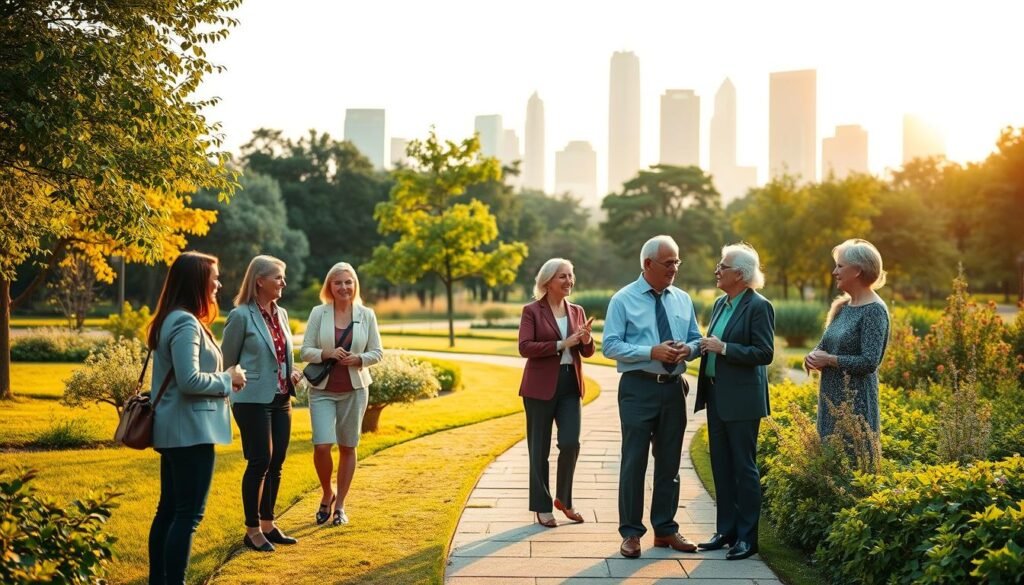 A serene and inspiring scene depicting the concept of "Intelligent Longevity and Healthy Aging." In the foreground, diverse individuals aged 50 and above, dressed in professional business attire, engage in lively discussions, showcasing collaboration and vitality. In the middle ground, a lush, tranquil park setting symbolizes wellness, with vibrant greenery and soft, illuminated pathways inviting exploration. The background features a modern skyline bathed in warm, golden-hour sunlight, representing progress and hope for the future. The lighting is soft yet uplifting, creating an atmosphere of positivity and empowerment. Capture this image from a slightly elevated angle, emphasizing the interactions among the individuals while still showcasing the beauty of the surroundings.