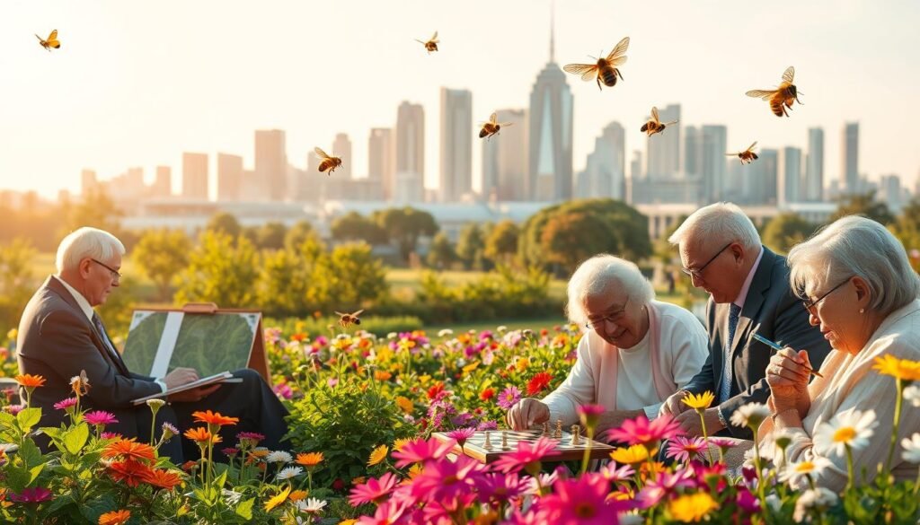 A serene and inspiring scene illustrating "intelligent longevity." In the foreground, a diverse group of elderly individuals in professional attire engages in various cognitive activities, such as playing chess, painting, and reading, reflecting sharp minds. The middle ground features a lush garden filled with vibrant flowers, symbolizing growth and vitality. Bees and butterflies float around, representing the harmony of nature and mental wellness. In the background, a modern city skyline bathed in warm, golden sunlight shows a blend of innovation and tradition, suggesting a bright future for aging minds. The atmosphere is positive and uplifting, with soft natural lighting that evokes a sense of calm and clarity. Use a wide-angle lens to capture the expansive scene, emphasizing connection and cognitive vitality.