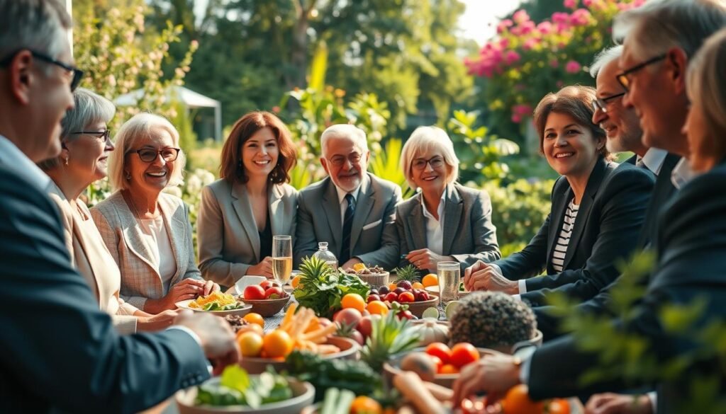 A serene and inviting scene focusing on the concept of "smart longevity and quality of life." In the foreground, a diverse group of middle-aged individuals, dressed in professional business attire, engages in a discussion over a healthy meal, emphasizing nutritious food choices. In the middle of the image, a beautifully arranged table is filled with colorful fruits, vegetables, and whole foods, symbolizing a balanced diet. The background features a sunlit garden with lush greenery and blooming flowers, representing vitality and health. The lighting is warm and soft, creating an uplifting atmosphere. The angle is slightly elevated, capturing both the group and the vibrant environment around them. The overall mood is one of joy, connection, and the harmonious blend of nutrition, lifestyle, and well-being.