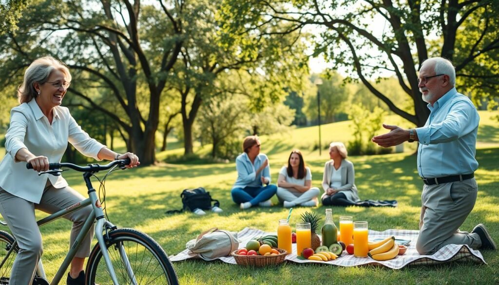A serene scene depicting longevity and active living, showcasing a diverse group of professionals engaged in healthy activities in a sunlit park setting. In the foreground, a middle-aged woman in a crisp white blouse and tailored trousers is joyfully cycling, while an elderly man in smart casual attire practices gentle stretches nearby. In the middle ground, a small group discusses wellness strategies over fresh fruits and smoothies laid out on a picnic blanket. The background features a lush green landscape with trees and soft sunlight filtering through, creating a warm and inviting atmosphere. The image captures a sense of vitality and connection, highlighting the integration of nutrition, mind, and body. Use a natural, slightly elevated angle and soft focus to enhance the peaceful mood.