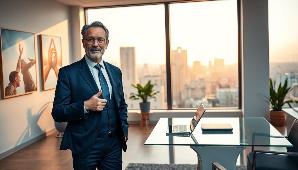 Dr. Jô Furlan, a distinguished professional in a tailored navy blue suit, confidently presents his ideas on smart longevity in a modern, minimalist office setting. In the foreground, Dr. Furlan stands beside a contemporary glass desk with a plant, gesturing toward a digital tablet displaying health data. In the middle, large windows allow warm, natural light to illuminate the space, enhancing the professional atmosphere. On the walls, inspiring artwork reflects themes of human performance and aging gracefully. The background features a cityscape, blending life and progress. The image captures a feeling of innovation and optimism, emphasizing Dr. Furlan's expertise and contributions to intelligent longevity. The lens used is a 50mm with a soft focus effect that enhances the subject while keeping the background slightly blurred.